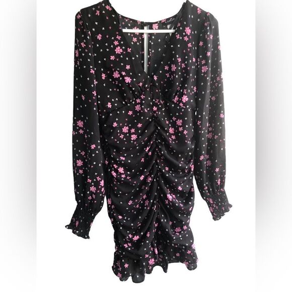 B. DARLIN Mini Black Pink/White Flowers Ruffled Bottom & Long Sleeves V Neck - Picture 1 of 3